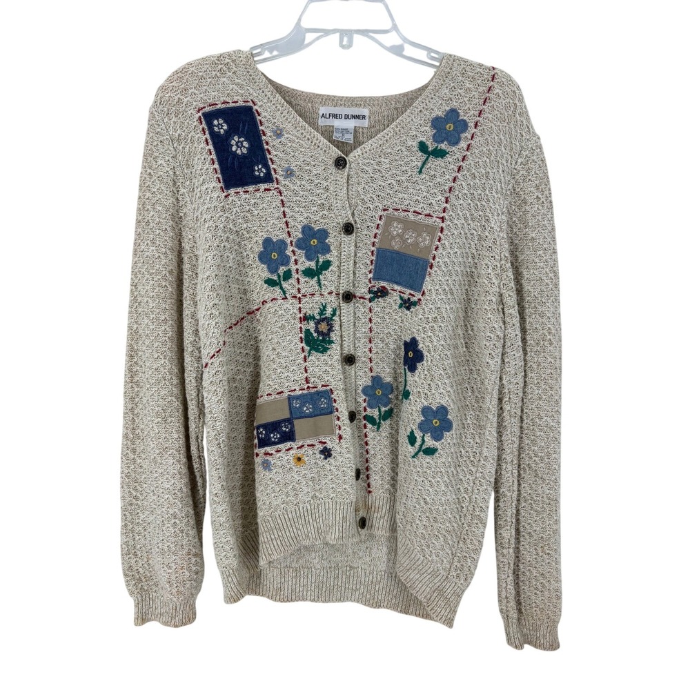 Alfred Dunner Womens Cardigan Sweater Beige Patchwork Floral Embroidered Size M